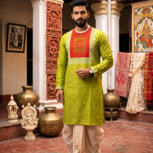 houseofviraj_semisilk_lemongreen_kurta_for_men